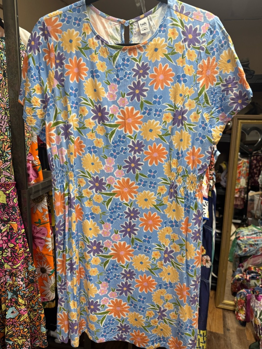 twik Light Blue Floral Midi Dress with Orange, Yellow, Purple Flowers